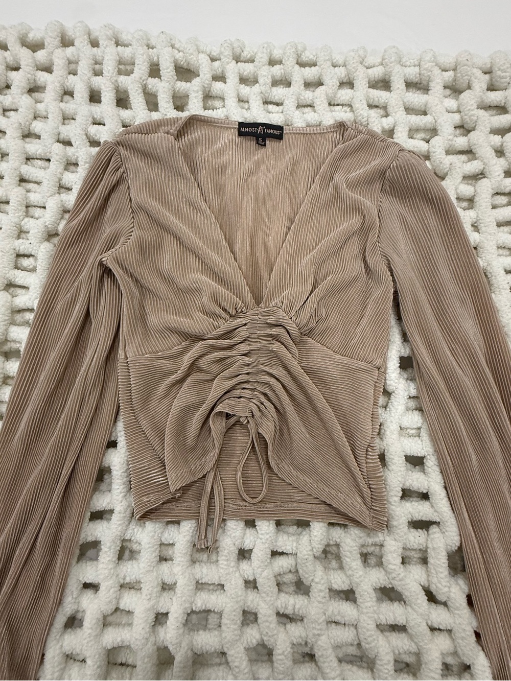 Almost Famous Taupe Ruched V-Neck Long Sleeve Top